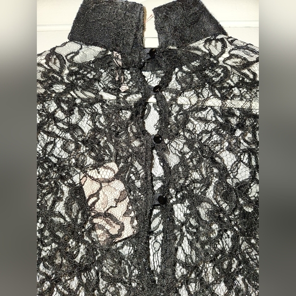VALENTINO R.E.D BLACK FLORAL LACE LONG SLEEVE HIGH NECK BACK BUTTON BLOUSE M 42. - Picture 12 of 17